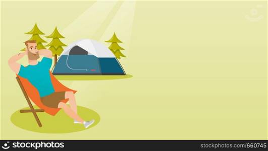 Young caucasian white man sitting in a folding chair on the background of camping with a tent. Satisfied man enjoying his vacation in the camping. Vector cartoon illustration. Horizontal layout.. Man sitting in a folding chair in the camping.