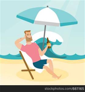 Young caucasian white man sitting on a chaise-longue on the beach. Happy smiling man relaxing on a chaise-longue and drinking beer. Vector cartoon illustration. Square layout.. Young caucasian man relaxing on a chaise-longue.