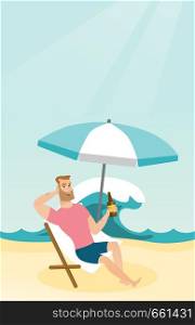Young caucasian white man sitting on a chaise-longue on the beach. Happy smiling man relaxing on a chaise-longue and drinking beer. Vector cartoon illustration. Vertical layout.. Young caucasian man relaxing on a chaise-longue.