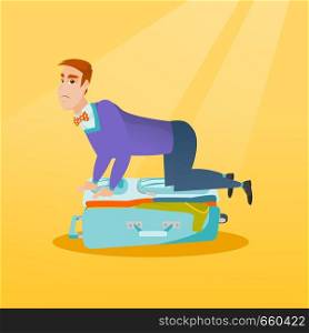 Young caucasian white man sitting on a suitcase and trying to close it. Frustrated man having problems with packing a lot of clothes into a suitcase. Vector cartoon illustration. Square layout.. Young caucasian man trying to close suitcase.