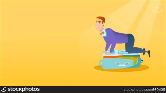 Young caucasian white man sitting on a suitcase and trying to close it. Frustrated man having problems with packing a lot of clothes into a suitcase. Vector cartoon illustration. Horizontal layout.. Young caucasian man trying to close suitcase.