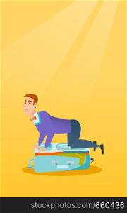 Young caucasian white man sitting on a suitcase and trying to close it. Frustrated man having problems with packing a lot of clothes into a suitcase. Vector cartoon illustration. Vertical layout.. Young caucasian man trying to close suitcase.