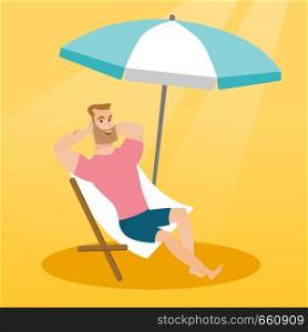 Young caucasian white man sitting on the chaise-longue under beach umbrella. Happy man resting on the chaise-longue with folded arms behind his head. Vector cartoon illustration. Square layout.. Young caucasian man relaxing on the beach chair.
