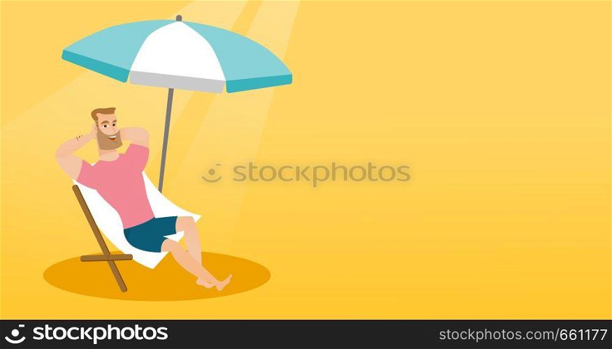 Young caucasian white man sitting on the chaise-longue under beach umbrella. Happy man resting on the chaise-longue with folded arms behind his head. Vector cartoon illustration. Horizontal layout.. Young caucasian man relaxing on the beach chair.