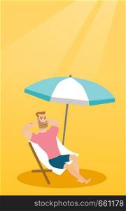 Young caucasian white man sitting on the chaise-longue under beach umbrella. Happy man resting on the chaise-longue with folded arms behind his head. Vector cartoon illustration. Vertical layout.. Young caucasian man relaxing on the beach chair.