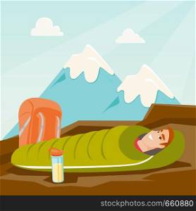 Young caucasian white man sleeping in a sleeping bag during a hike in the mountains. Smiling man laying on the ground wrapped up in a mummy sleeping bag. Vector cartoon illustration. Square layout.. Man sleeping in a sleeping bag in the mountains.
