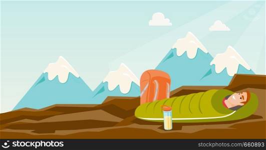 Young caucasian white man sleeping in a sleeping bag during a hike in the mountains. Smiling man laying on the ground wrapped up in a mummy sleeping bag. Vector cartoon illustration. Horizontal layout. Man sleeping in a sleeping bag in the mountains.