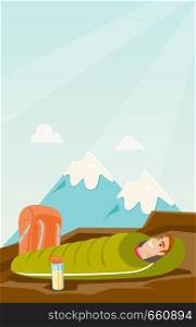 Young caucasian white man sleeping in a sleeping bag during a hike in the mountains. Smiling man laying on the ground wrapped up in a mummy sleeping bag. Vector cartoon illustration. Vertical layout.. Man sleeping in a sleeping bag in the mountains.