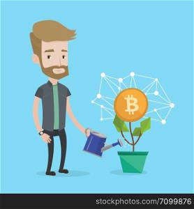 Young caucasian white man taking care of flower with golden bitcoin coin. Investment, blockchain network technology, ICO initial coin offering and cryptocurrency concept. Vector cartoon illustraton.. Businessman watering flower with bitcoin symbol