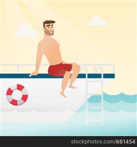 Young caucasian white man tanning on the front of the yacht. Happy man travelling by yacht. Man resting during summer trip on the yacht. Vector cartoon illustration. Square layout.. Young caucasian man tanning on the yacht.