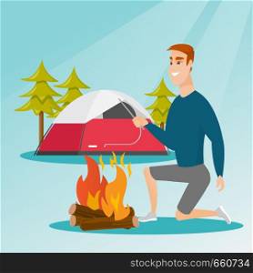 Young caucasian white man with a wooden stick in his hand sitting near the campfire and enjoying the atmosphere. Man making the campfire. Vector cartoon illustration. Square layout.. Young caucasian white man making the campfire.