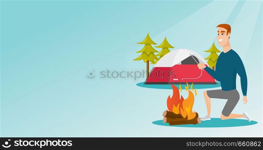Young caucasian white man with a wooden stick in his hand sitting near the campfire and enjoying the atmosphere. Man making the campfire. Vector cartoon illustration. Horizontal layout.. Young caucasian white man making the campfire.