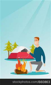 Young caucasian white man with a wooden stick in his hand sitting near the campfire and enjoying the atmosphere. Man making the campfire. Vector cartoon illustration. Vertical layout.. Young caucasian white man making the campfire.