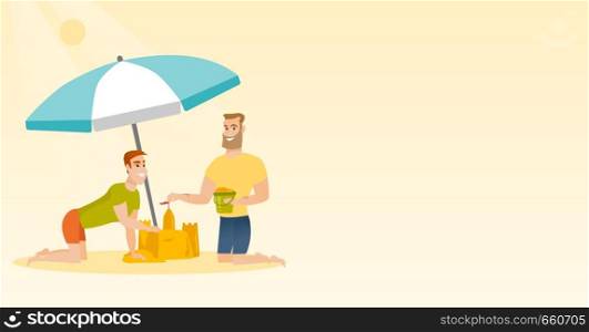 Young caucasian white men making a sand castle on the beach under beach umbrella. Happy friends building a sandcastle. Tourism and beach holiday concept. Vector cartoon illustration. Horizontal layout. Friends building a sandcastle on the beach.