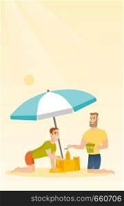 Young caucasian white men making a sand castle on the beach under beach umbrella. Happy friends building a sandcastle. Tourism and beach holiday concept. Vector cartoon illustration. Vertical layout.. Friends building a sandcastle on the beach.