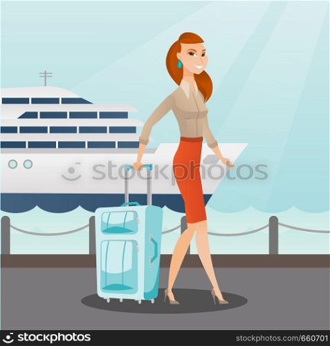 Young caucasian white passenger walking on the background of cruise liner. Smiling happy passenger with a suitcase goes to a cruise liner along the station. Vector cartoon illustration. Square layout.. Passenger goes to the cruise liner with a suitcase