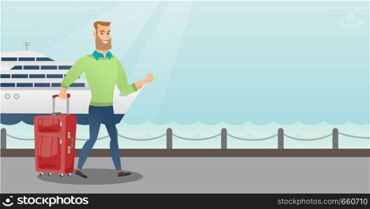 Young caucasian white passenger walking on the background of cruise liner. Smiling passenger with a suitcase goes to a cruise liner along the station. Vector cartoon illustration. Horizontal layout.. Passenger goes to the cruise liner with a suitcase