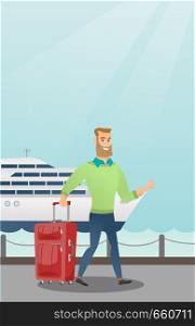 Young caucasian white passenger walking on the background of cruise liner. Smiling passenger with a suitcase goes to a cruise liner along the station. Vector cartoon illustration. Vertical layout.. Passenger goes to the cruise liner with a suitcase