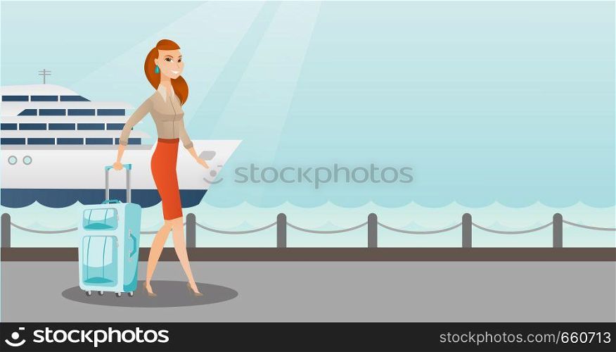 Young caucasian white passenger walking on the background of cruise liner. Happy passenger with a suitcase goes to a cruise liner along the station. Vector cartoon illustration. Horizontal layout.. Passenger goes to the cruise liner with a suitcase