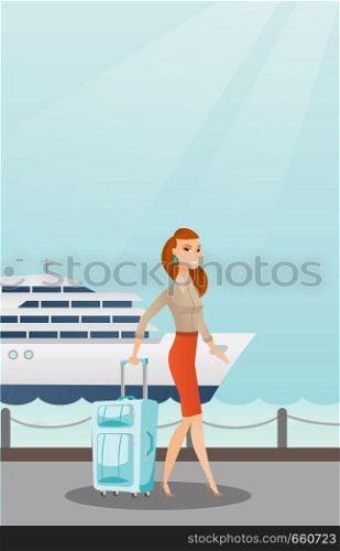 Young caucasian white passenger walking on the background of cruise liner. Smiling passenger with a suitcase goes to a cruise liner along the station. Vector cartoon illustration. Vertical layout.. Passenger goes to the cruise liner with a suitcase