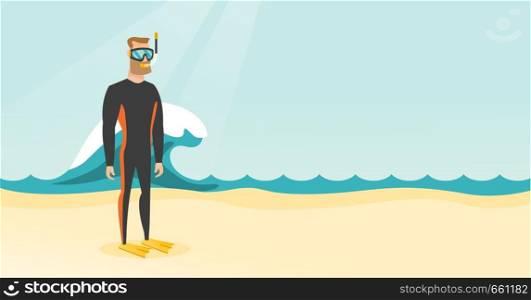 Young caucasian white scuba diver in diving suit, flippers, mask and tube standing on the background of wave. Full length of scuba diver on the beach. Vector cartoon illustration. Horizontal layout.. Young caucasian scuba diver in diving suit.