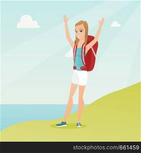 Young caucasian white tourist with a backpack standing on the cliff with raised hands and enjoying the scenery. Happy tourist hiking in the mountains. Vector cartoon illustration. Square layout.. Young tourist enjoying the scenery with hands up.