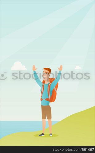 Young caucasian white tourist with a backpack standing on the cliff with raised hands and enjoying the scenery. Happy tourist hiking in the mountains. Vector cartoon illustration. Vertical layout.. Young tourist enjoying the scenery with hands up.