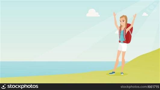 Young caucasian white tourist with a backpack standing on the cliff with raised hands and enjoying the scenery. Happy tourist hiking in the mountains. Vector cartoon illustration. Horizontal layout.. Young tourist enjoying the scenery with hands up.