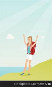 Young caucasian white tourist with a backpack standing on the cliff with raised hands and enjoying the scenery. Happy tourist hiking in the mountains. Vector cartoon illustration. Vertical layout.. Young tourist enjoying the scenery with hands up.