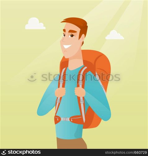 Young caucasian white traveler man standing with a backpack and enjoying his recreation time. Happy smiling man during summer trip. Vector cartoon illustration. Square layout.. Young caucasian traveler man with a backpack.