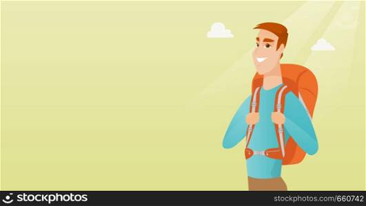 Young caucasian white traveler man standing with a backpack and enjoying his recreation time. Happy smiling man during summer trip. Vector cartoon illustration. Horizontal layout.. Young caucasian traveler man with a backpack.