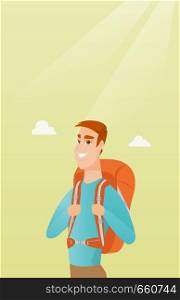 Young caucasian white traveler man standing with a backpack and enjoying his recreation time. Happy smiling man during summer trip. Vector cartoon illustration. Vertical layout.. Young caucasian traveler man with a backpack.
