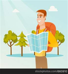 Young caucasian white traveler man with a backpack looking at map. Full length of smiling traveler man searching right direction on a map. Vector cartoon illustration. Square layout.. Young caucasian traveler man looking at map.