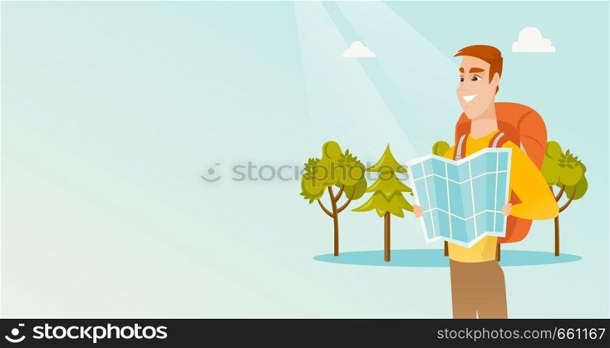Young caucasian white traveler man with a backpack looking at map. Full length of smiling traveler man searching right direction on a map. Vector cartoon illustration. Horizontal layout.. Young caucasian traveler man looking at map.