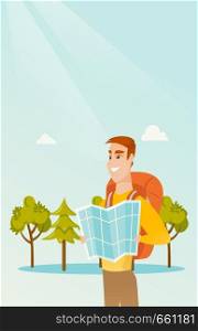 Young caucasian white traveler man with a backpack looking at map. Full length of smiling traveler man searching right direction on a map. Vector cartoon illustration. Vertical layout.. Young caucasian traveler man looking at map.