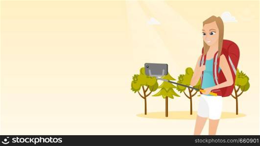 Young caucasian white traveler woman holding a selfie-stick and making selfie. Smiling traveler woman with a backpack taking photo with a mobile phone. Vector cartoon illustration. Horizontal layout.. Young caucasian white traveler woman making selfie