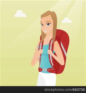 Young caucasian white traveler woman standing with a backpack and enjoying her recreation time. Happy smiling woman during summer trip. Vector cartoon illustration. Square layout.. Young caucasian traveler woman with a backpack.