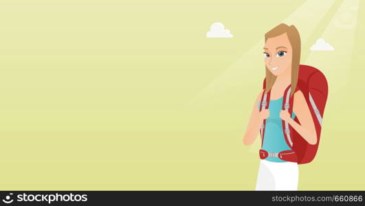 Young caucasian white traveler woman standing with a backpack and enjoying her recreation time. Happy smiling woman during summer trip. Vector cartoon illustration. Horizontal layout.. Young caucasian traveler woman with a backpack.