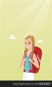 Young caucasian white traveler woman standing with a backpack and enjoying her recreation time. Happy smiling woman during summer trip. Vector cartoon illustration. Vertical layout.. Young caucasian traveler woman with a backpack.