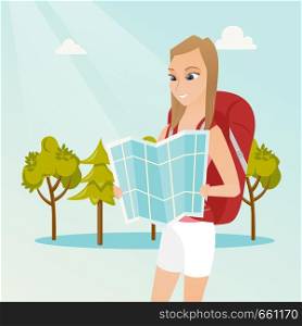 Young caucasian white traveler woman with a backpack looking at map. Full length of smiling traveler woman searching right direction on a map. Vector cartoon illustration. Square layout.. Young caucasian traveler woman looking at map.