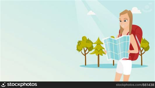 Young caucasian white traveler woman with a backpack looking at map. Full length of smiling traveler woman searching right direction on a map. Vector cartoon illustration. Horizontal layout.. Young caucasian traveler woman looking at map.