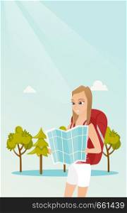 Young caucasian white traveler woman with a backpack looking at map. Full length of smiling traveler woman searching right direction on a map. Vector cartoon illustration. Vertical layout.. Young caucasian traveler woman looking at map.