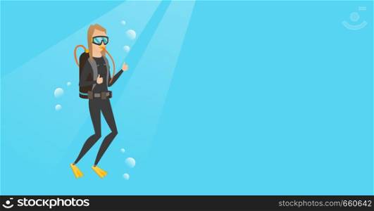Young caucasian white woman in diving suit swimming underwater with scuba and showing thumb up. Scuba diver giving thumb up. Woman enjoying the dive. Vector cartoon illustration. Horizontal layout.. Young caucasian scuba diver giving thumb up.