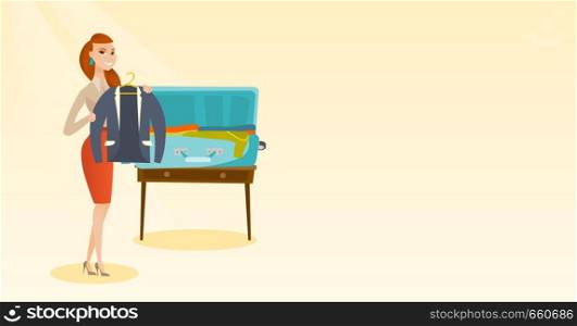 Young caucasian white woman packing her clothes in an opened suitcase. Woman putting a jacket into a suitcase. Cheerful woman preparing for vacation. Vector cartoon illustration. Horizontal layout.. Caucasian woman packing clothes in a suitcase.