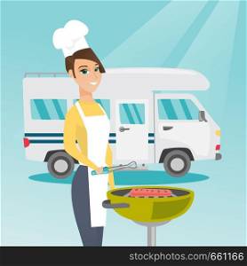 Young caucasian white woman preparing meat on grill on the background of camper van. Woman travelling by camper van and barbecuing meat outdoors. Vector cartoon illustration. Square layout.. Woman barbecuing meat in front of camper van.