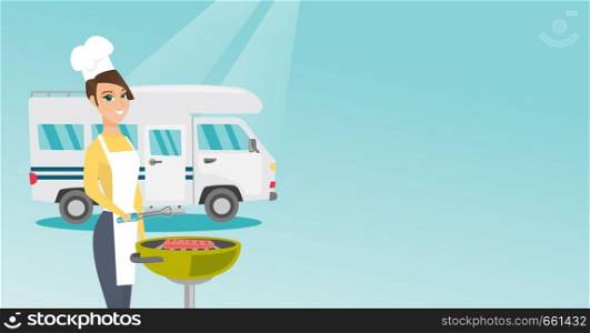 Young caucasian white woman preparing meat on grill on the background of camper van. Woman travelling by camper van and barbecuing meat outdoors. Vector cartoon illustration. Horizontal layout.. Woman barbecuing meat in front of camper van.