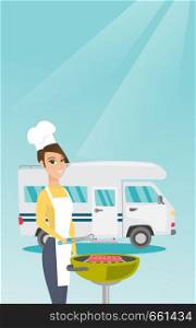 Young caucasian white woman preparing meat on grill on the background of camper van. Woman travelling by camper van and barbecuing meat outdoors. Vector cartoon illustration. Vertical layout.. Woman barbecuing meat in front of camper van.
