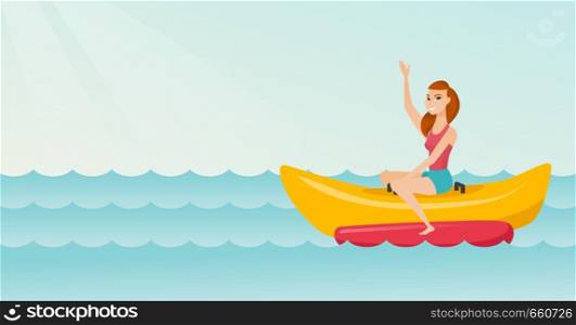 Young caucasian white woman riding a banana boat and waving hand. Cheerful woman having fun on a banana boat in the sea. Woman enjoying summer vacation. Vector cartoon illustration. Horizontal layout.. Young happy caucasian woman riding a banana boat.