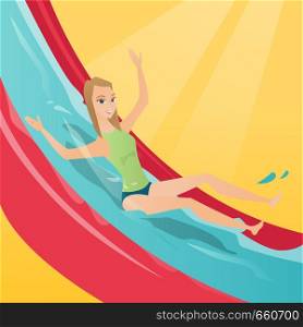 Young caucasian white woman riding down a waterslide in aquapark. Woman having fun on a water slide in waterpark. Cheerful woman going down a water slide. Vector cartoon illustration. Square layout.. Young caucasian woman riding down a waterslide.