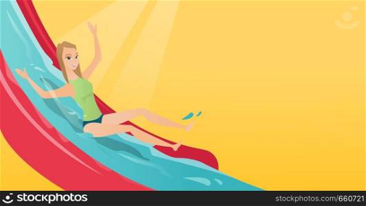 Young caucasian white woman riding down a waterslide in aquapark. Woman having fun on a water slide in waterpark. Happy woman going down a water slide. Vector cartoon illustration. Horizontal layout.. Young caucasian woman riding down a waterslide.